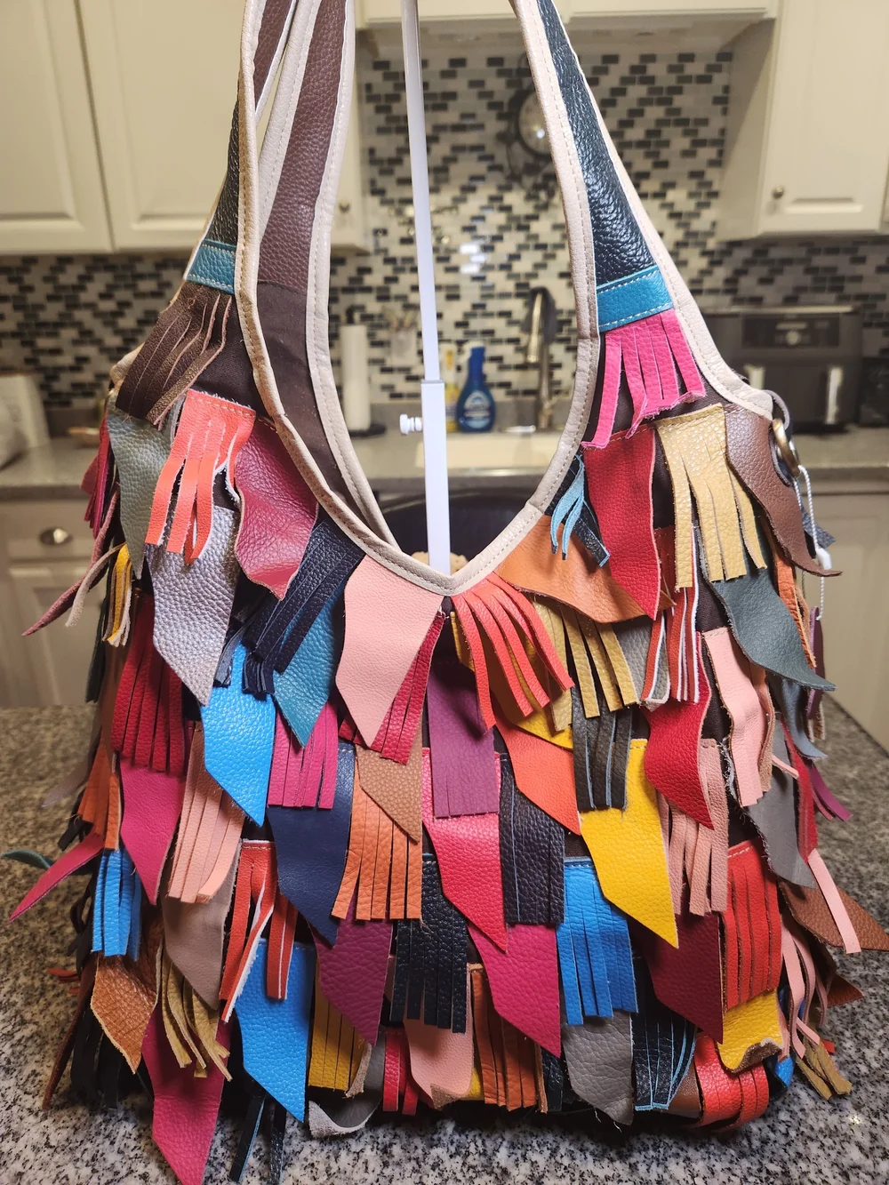 Leather Patchwork Fringe Boho Hobo Shoulder Bag - Picture 2 of 12